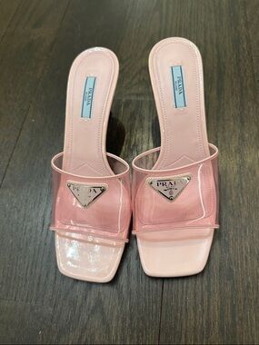 Prada Pink Patent Leather Slide Mules with Logo Plaque